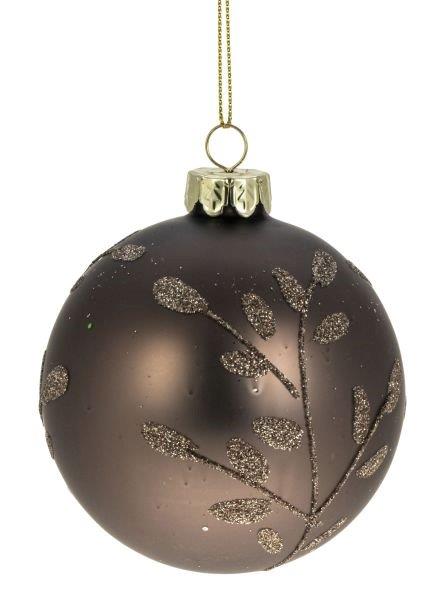 Julekugle Glas 8 cm – Brun med Glimmerblade by WEISTE