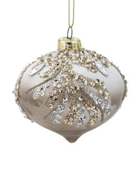 Glas julekugle løgformet 8 cm Hvid/Brun med Strass-grene