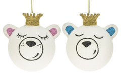 Glas Julekugle Bjørn 8 cm med Krone – 2 Assorterede (Lyserøde eller Blå Ører)