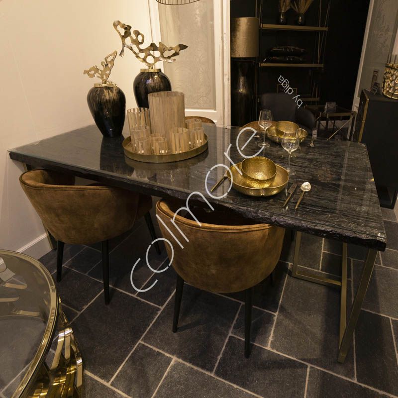 Dining table black sleeper wood waglass IR gold legs 200x100