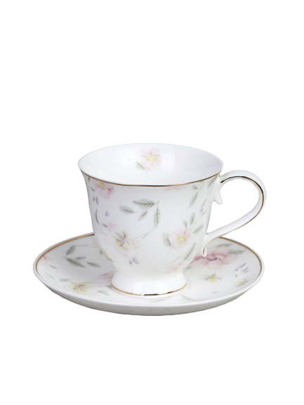 Kop og tallerken med blomstermotiv og guld kant by C&E