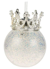 GLASS BALL 8X11CM CLEAR GLITTER W/SILVER CROWN