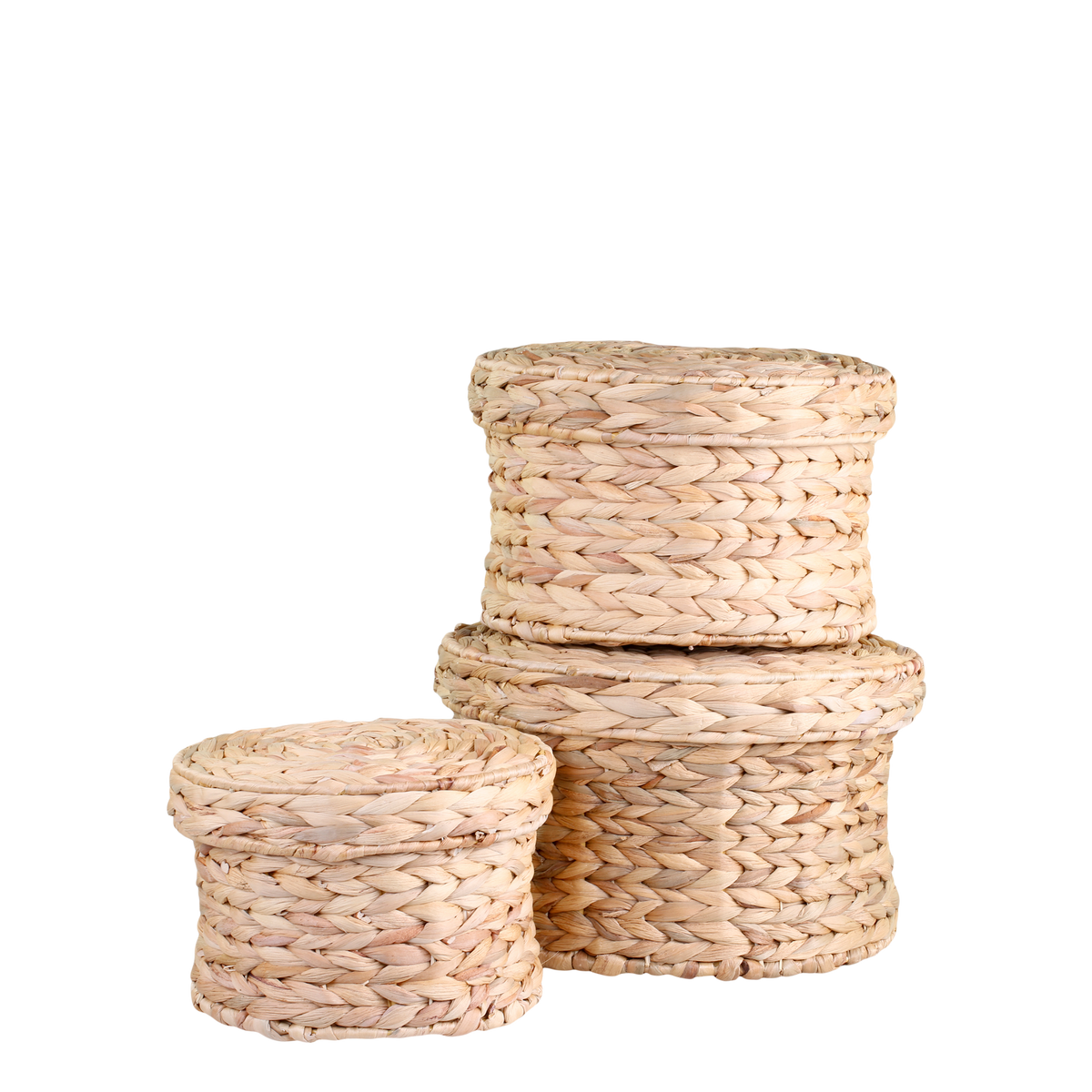 Wicker Basket w. lid set of 3 H18/D29 cm nature