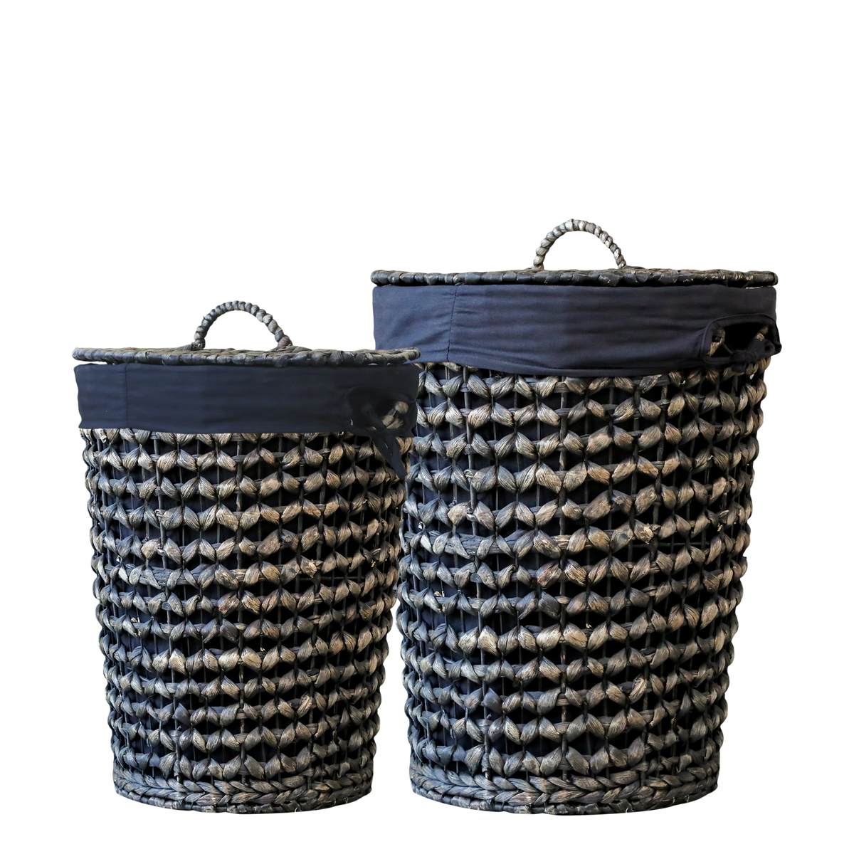 Basket braided w. lid & linen set of 2 H52/D40 cm dark nature