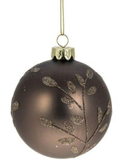 GLASS BALL 8CM BROWN W/GLITTER LEAVES