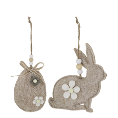 Rabbit & Egg of felt for hanging set of 2 H12.5/L7/W3.5 cm linen