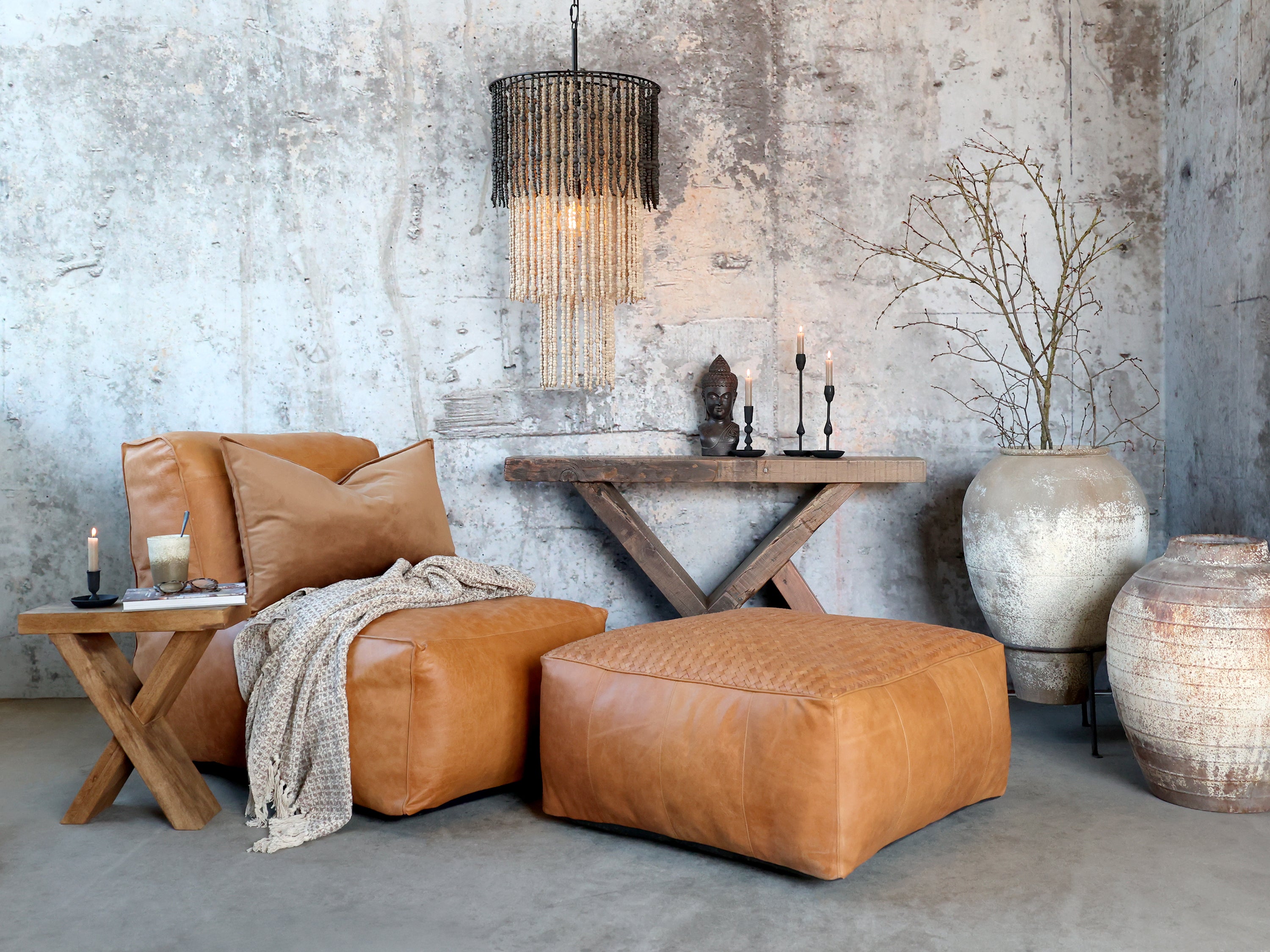 Loungepuf i læder, H35/L75/B75 cm cognac