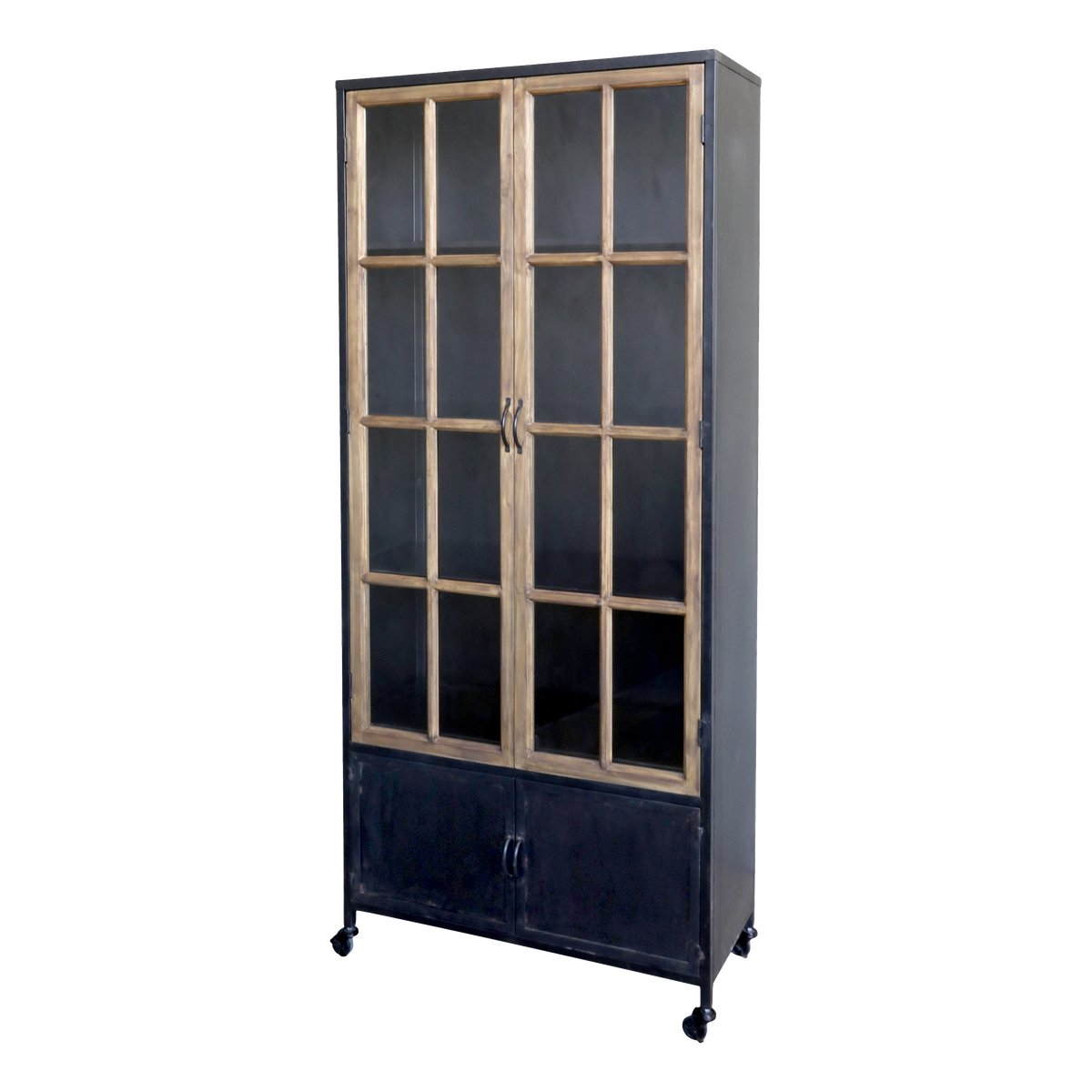 Display Cabinet on wheels w. glass doors H190/L80/W35 cm antique black