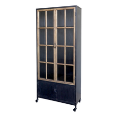 Display Cabinet on wheels w. glass doors H190/L80/W35 cm antique black