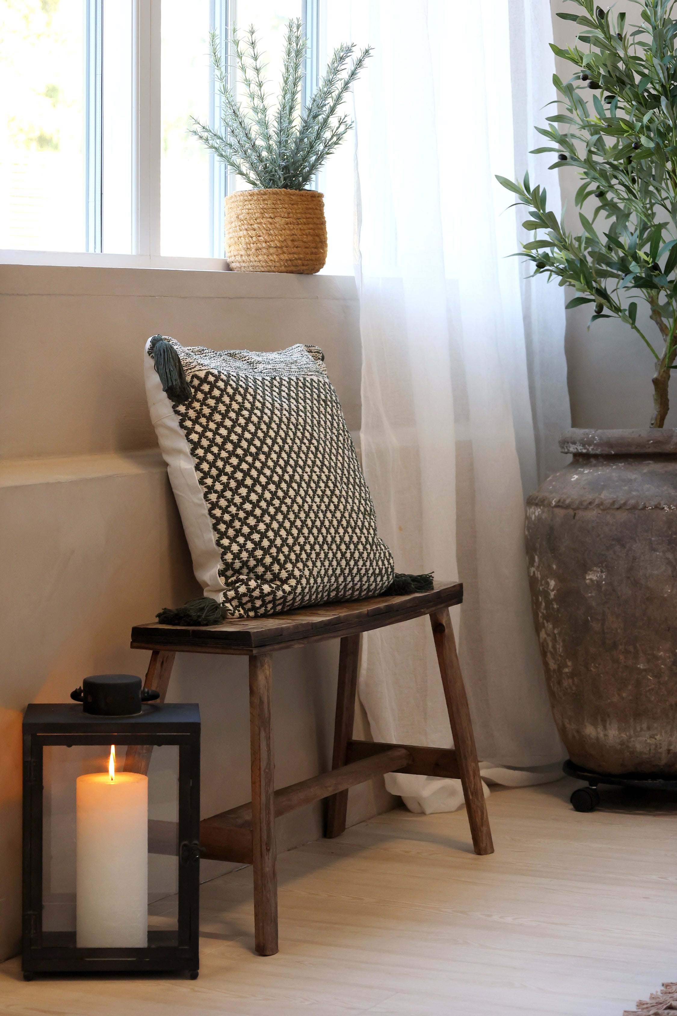 Bænk m. mønster på sæde, H45/L80/B24 cm natur
