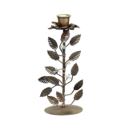 Candlestick w. flower & leaves H19/D6.5 cm antique brass