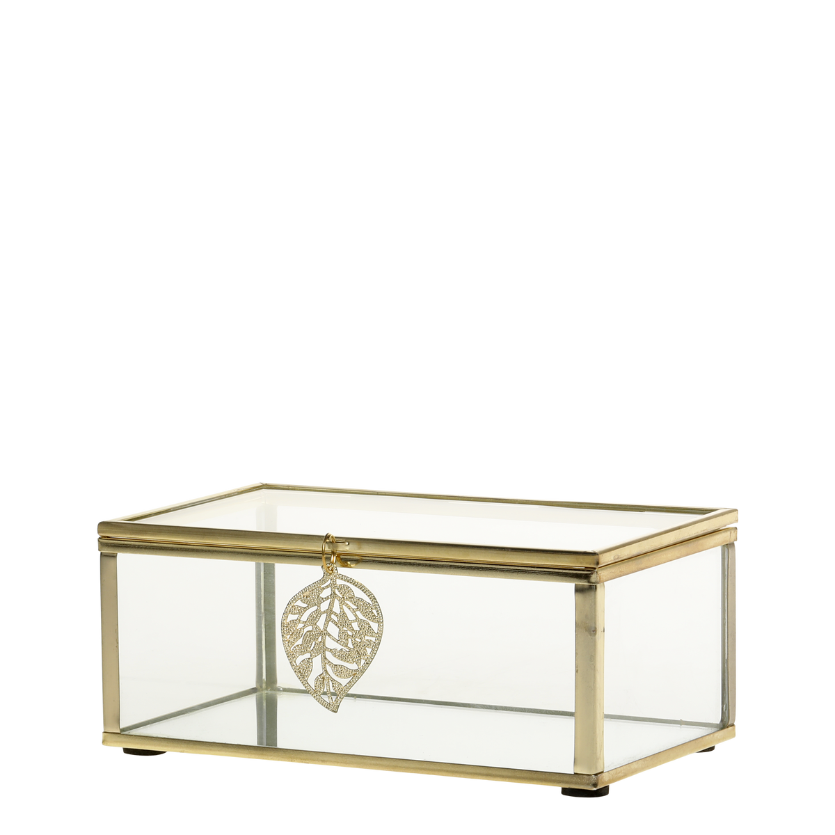 Box in glass w. leaf décor H6/L14.5/W9 cm brass