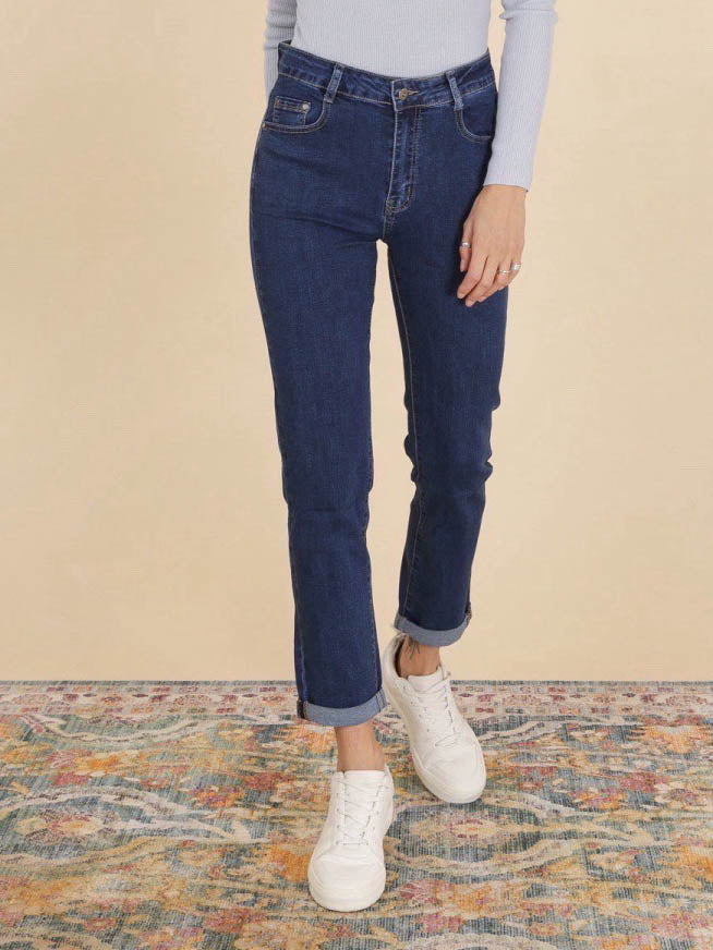 Straightleg jeans med fold darkwash