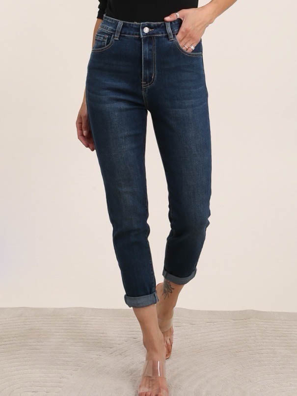 Mom fit jeans med fold dark wash