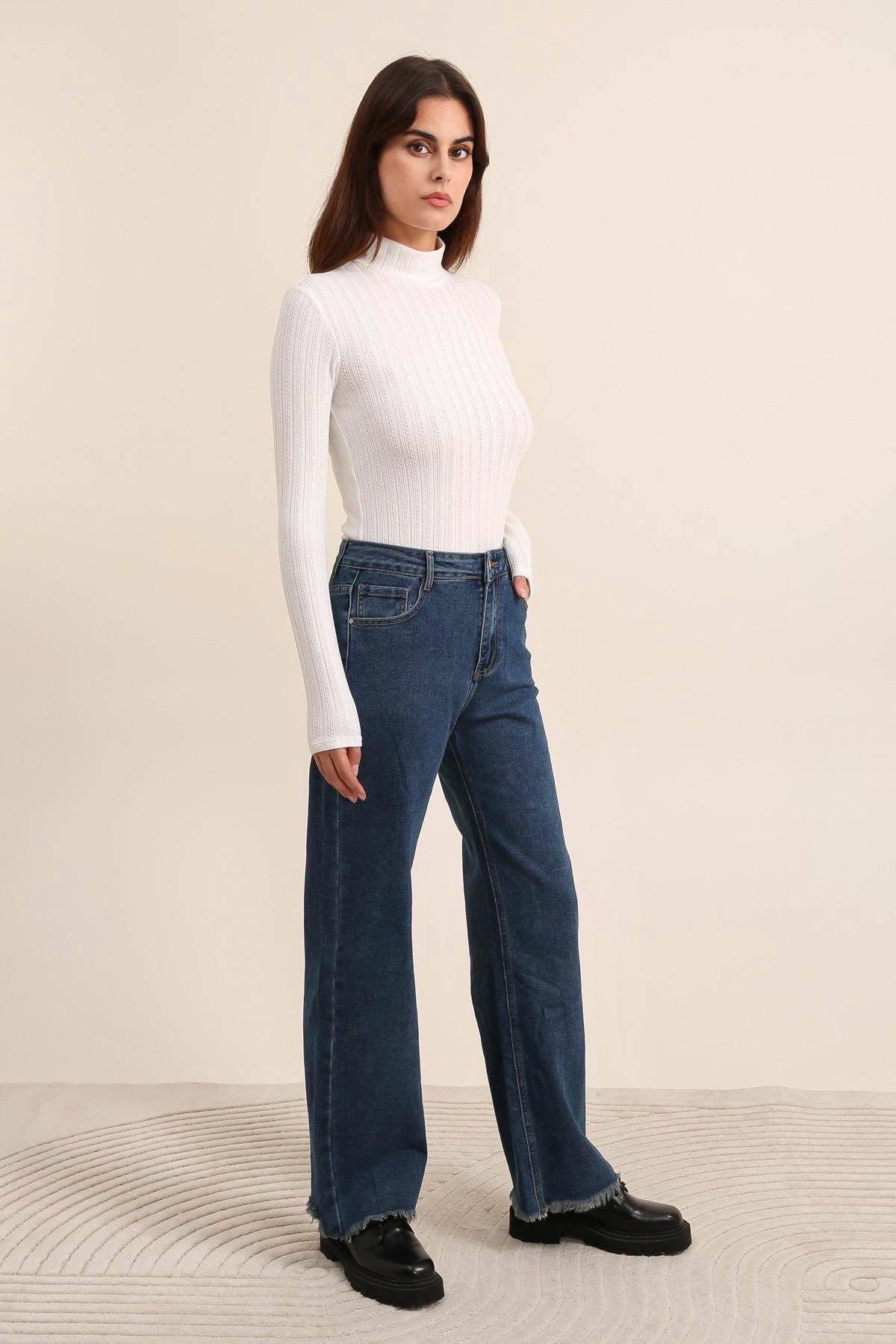 Wide leg jeans med fryns