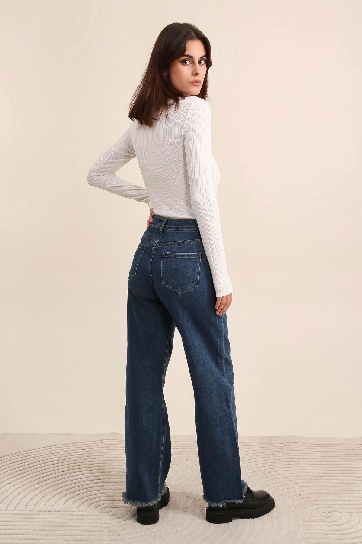 Wide leg jeans med fryns