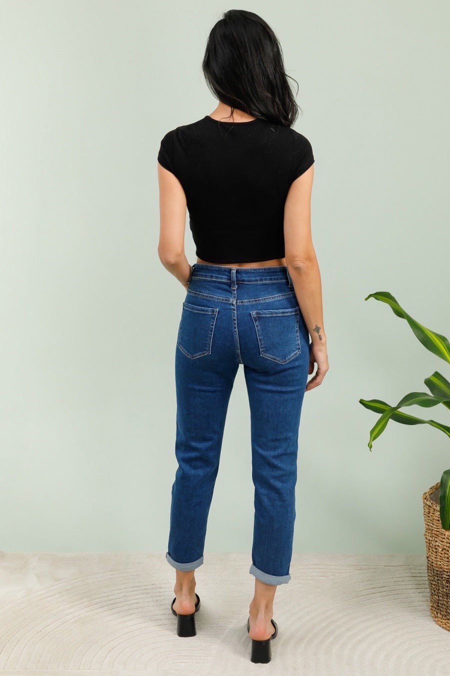 Mom fit jeans med bling blomst darkwash by G-Smack