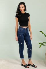 Jeans med broderi blomster og fold mom fit by G-Smack