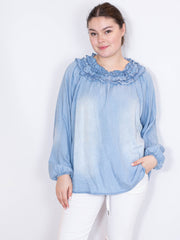 Denimlook bluse med flæsekanter - Str. 36-48