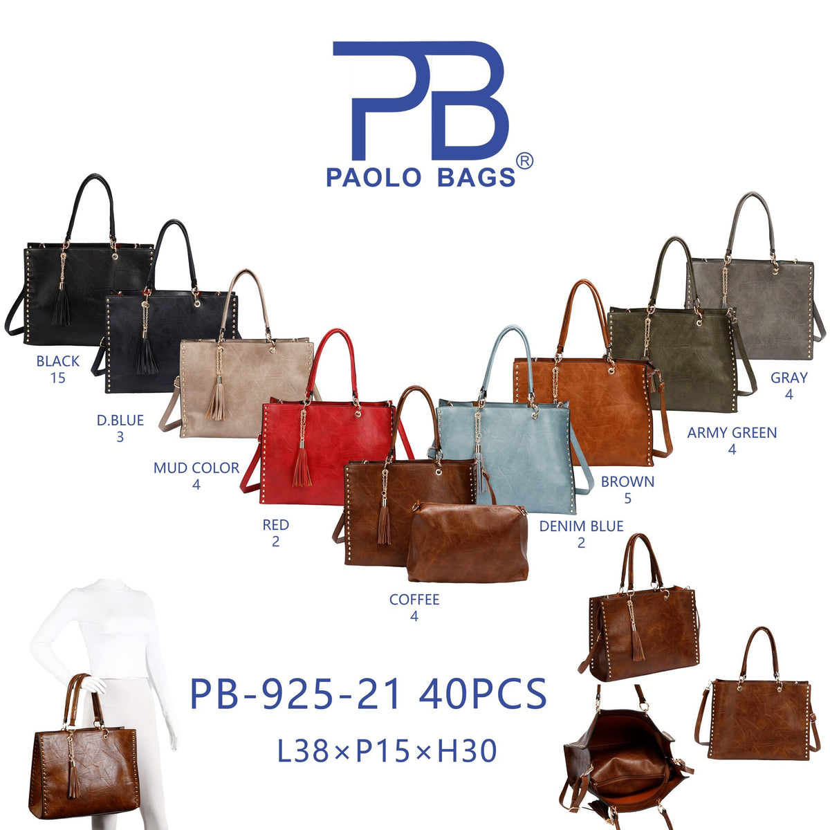 Håndtaske med studs 38x15x30cm by Paolo Bags