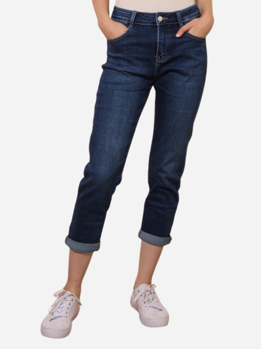 Mom fit jeans med fold darkwash