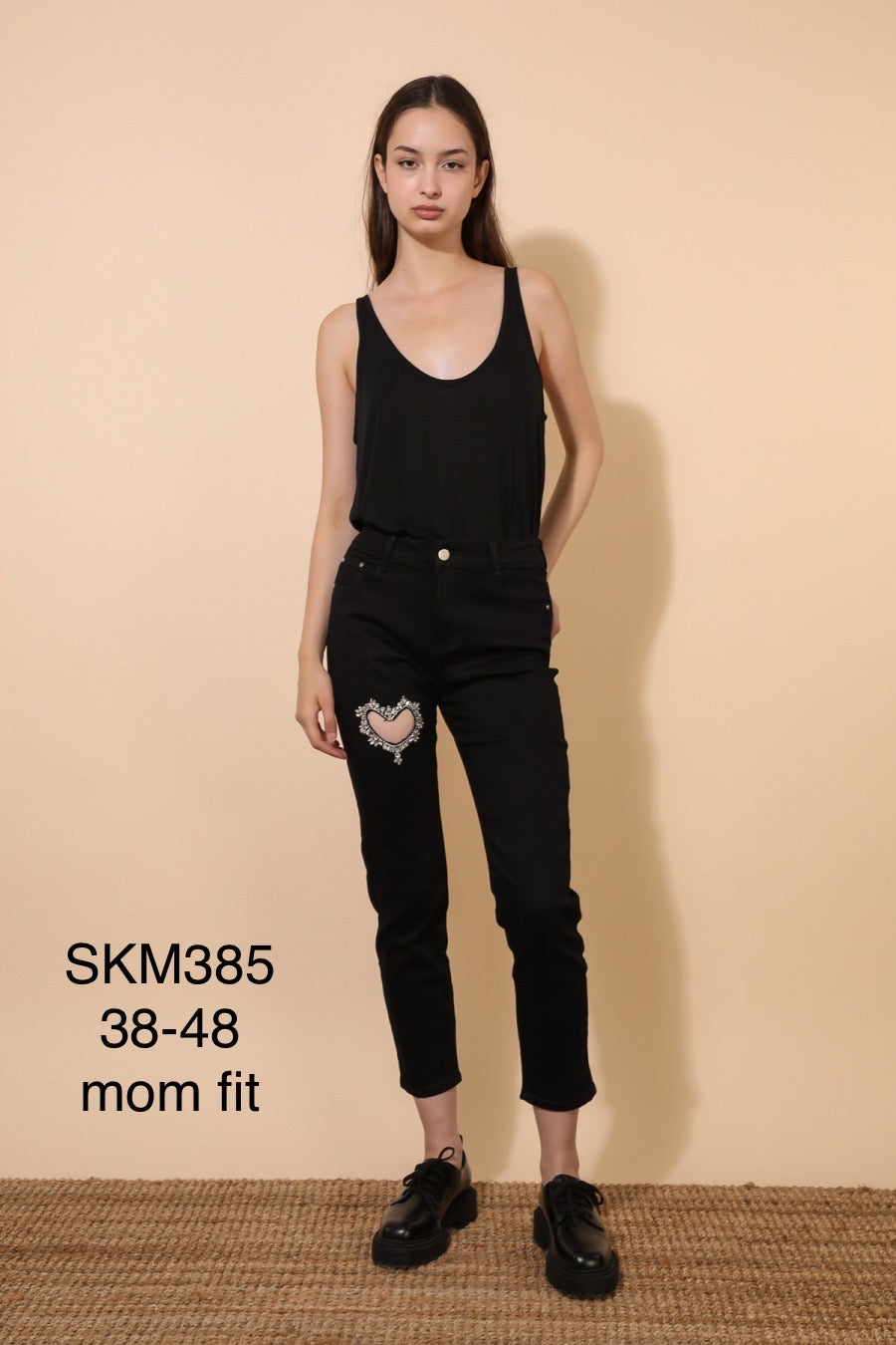 Mom fit jeans med bling hjerte sort