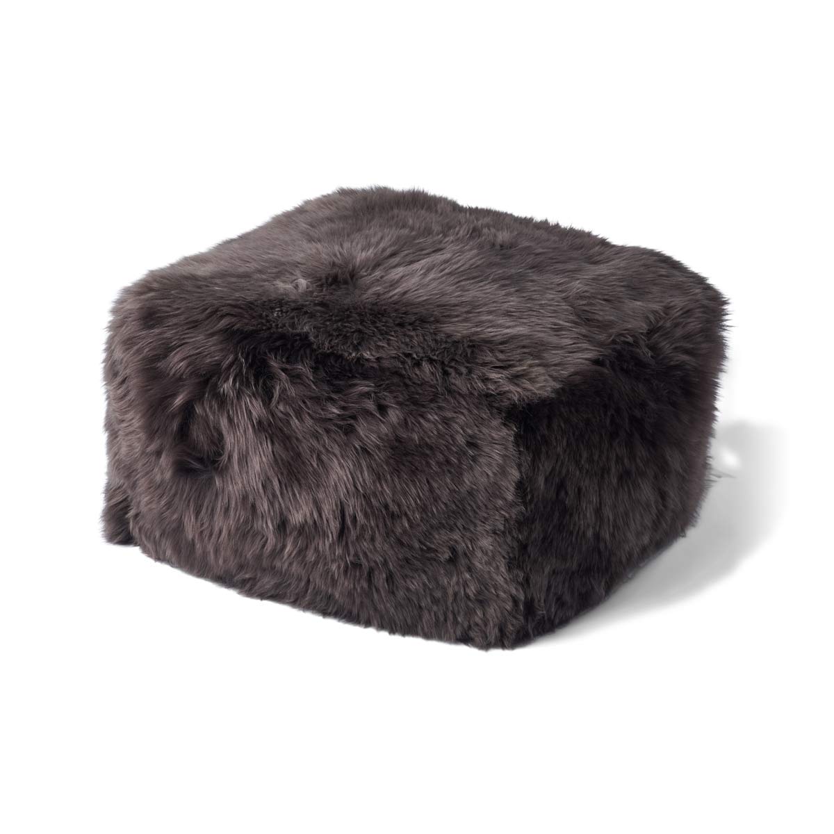 Premium Quality, New Zealand, Square Pouf, Long-Wool, with calf leather backing. Size: chocolate