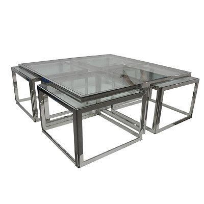 Glass coffee table with 4 small tables 120x120x45cm