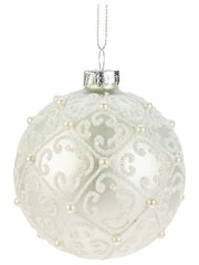 GLASS BALL 8CM WHITE GLITTER ORNAMENTS, PEARLS