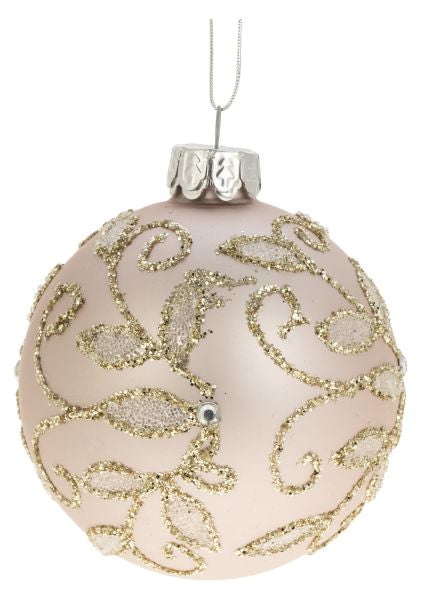 GLASS BALL 8CM PINK SATIN W/GOLD GLITTER LEAVES