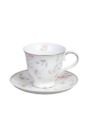 Cup and plate with floral motif and gold edge