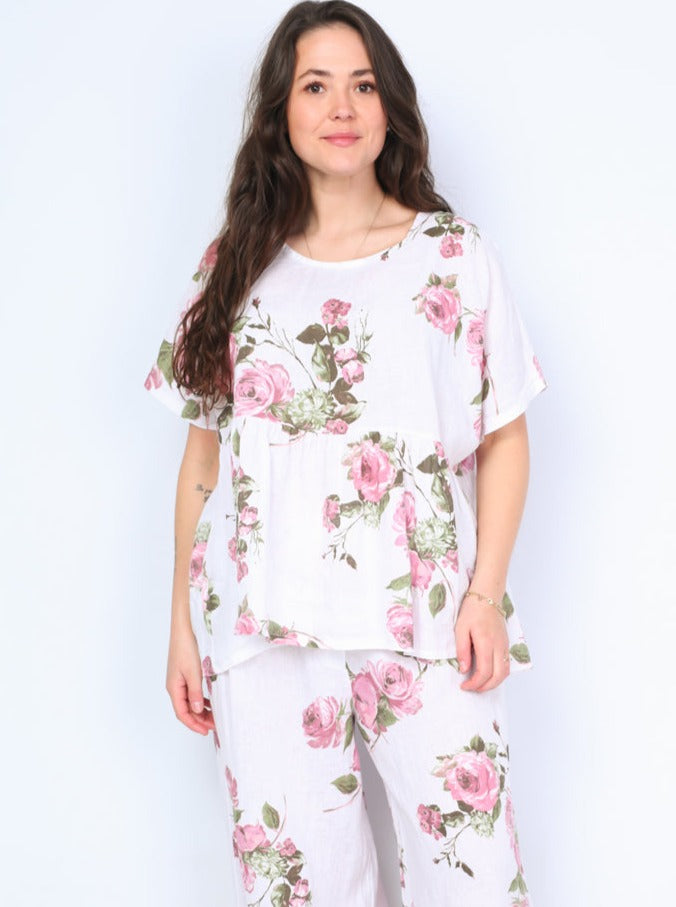 Krone 1 linen blouse with ruffled rose print